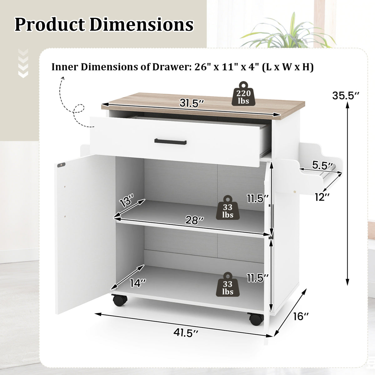 Kitchen Island Cart with Drawer and Storage - White