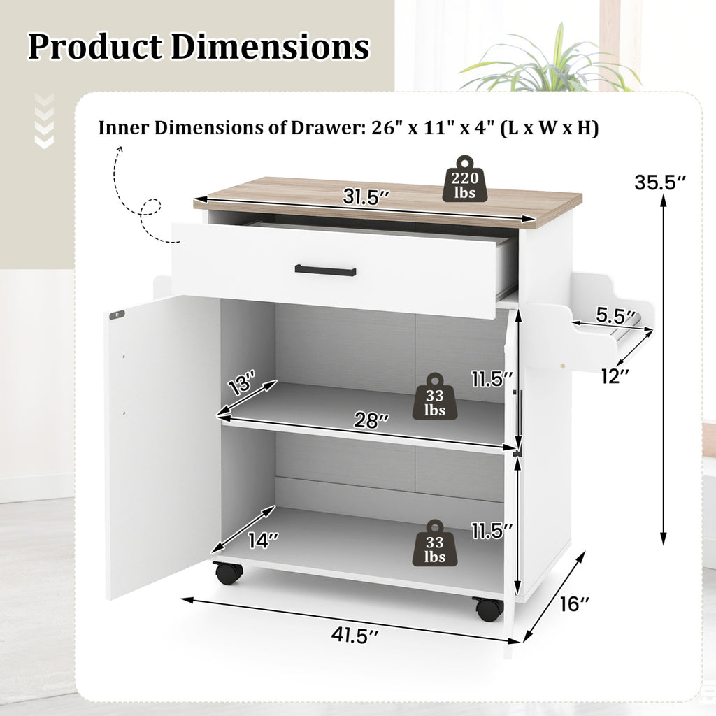 Kitchen Island Cart with Drawer and Storage - White