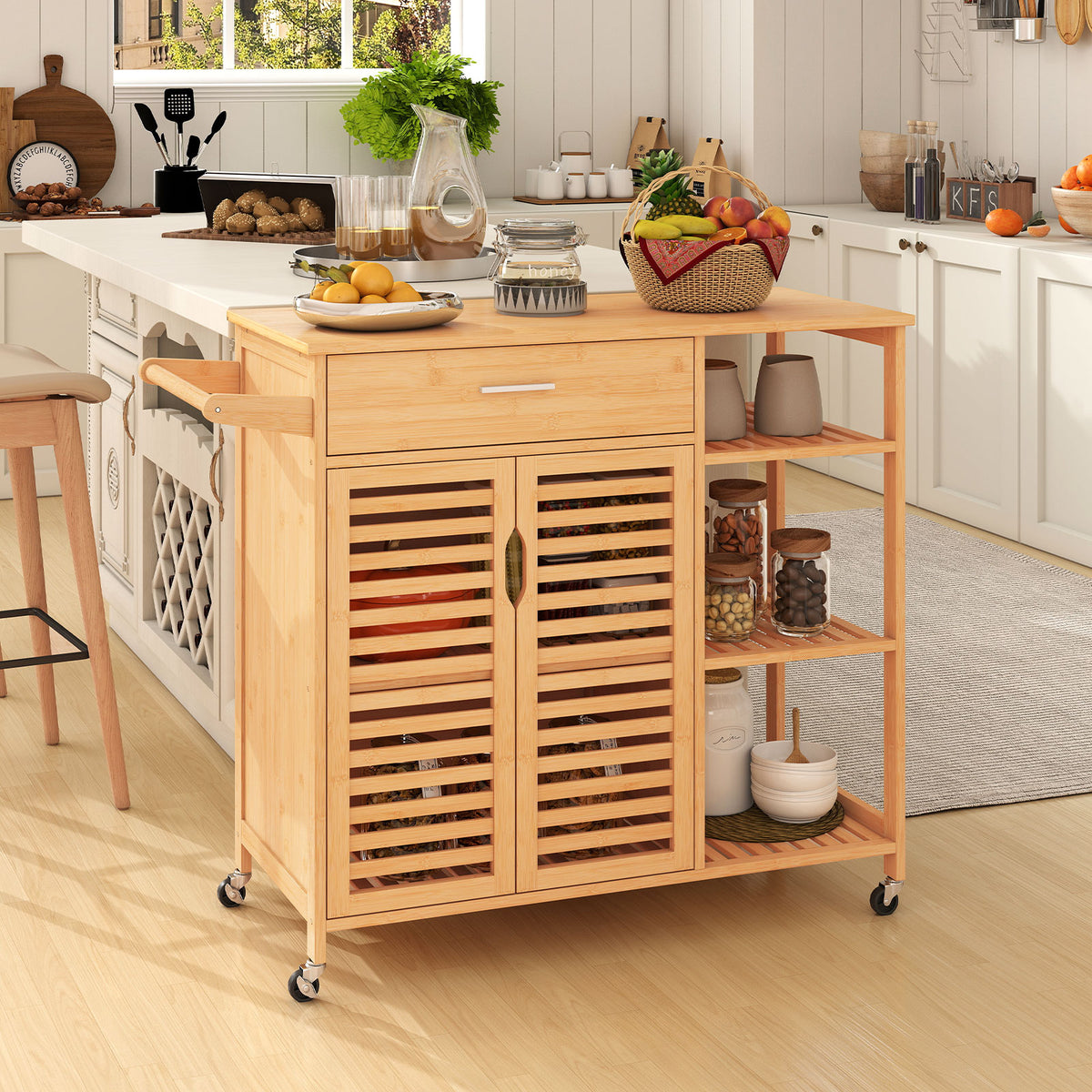 Kitchen Island Cart on Wheels with Bamboo Frame – Natural