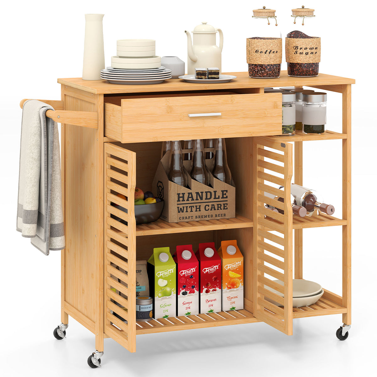 Kitchen Island Cart on Wheels with Bamboo Frame – Natural
