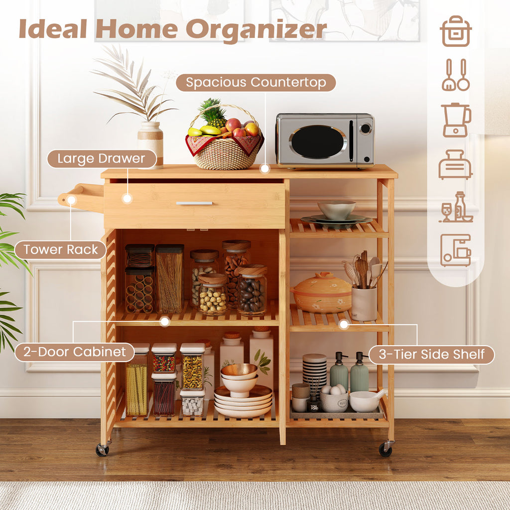 Kitchen Island Cart on Wheels with Bamboo Frame – Natural