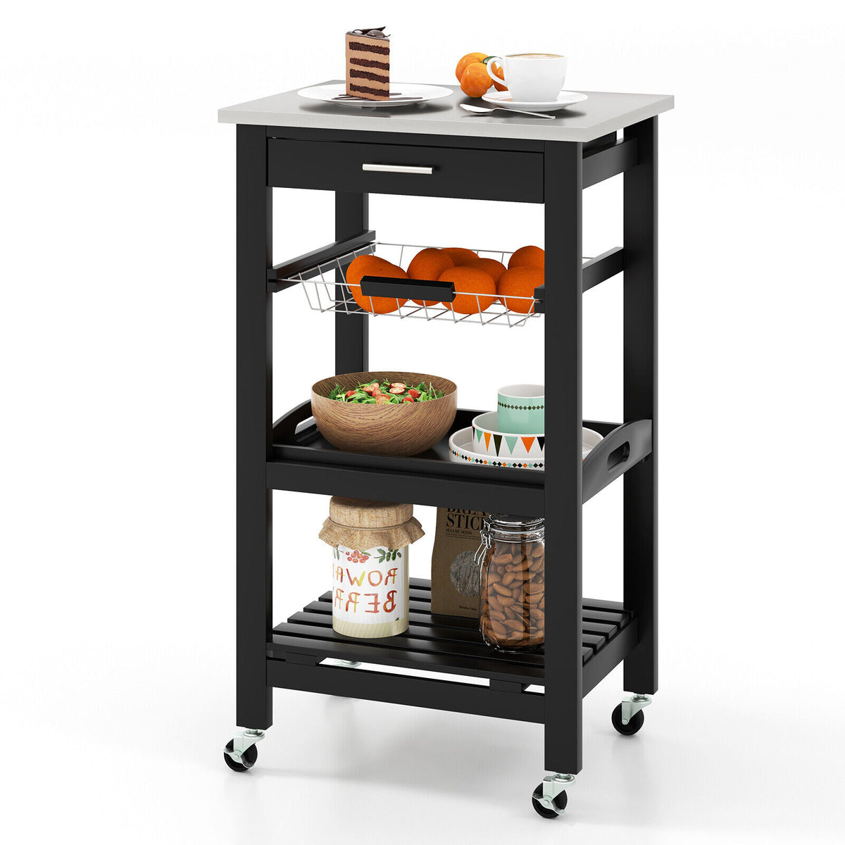 Kitchen Rolling Island Cart with Stainless Steel Top - Black