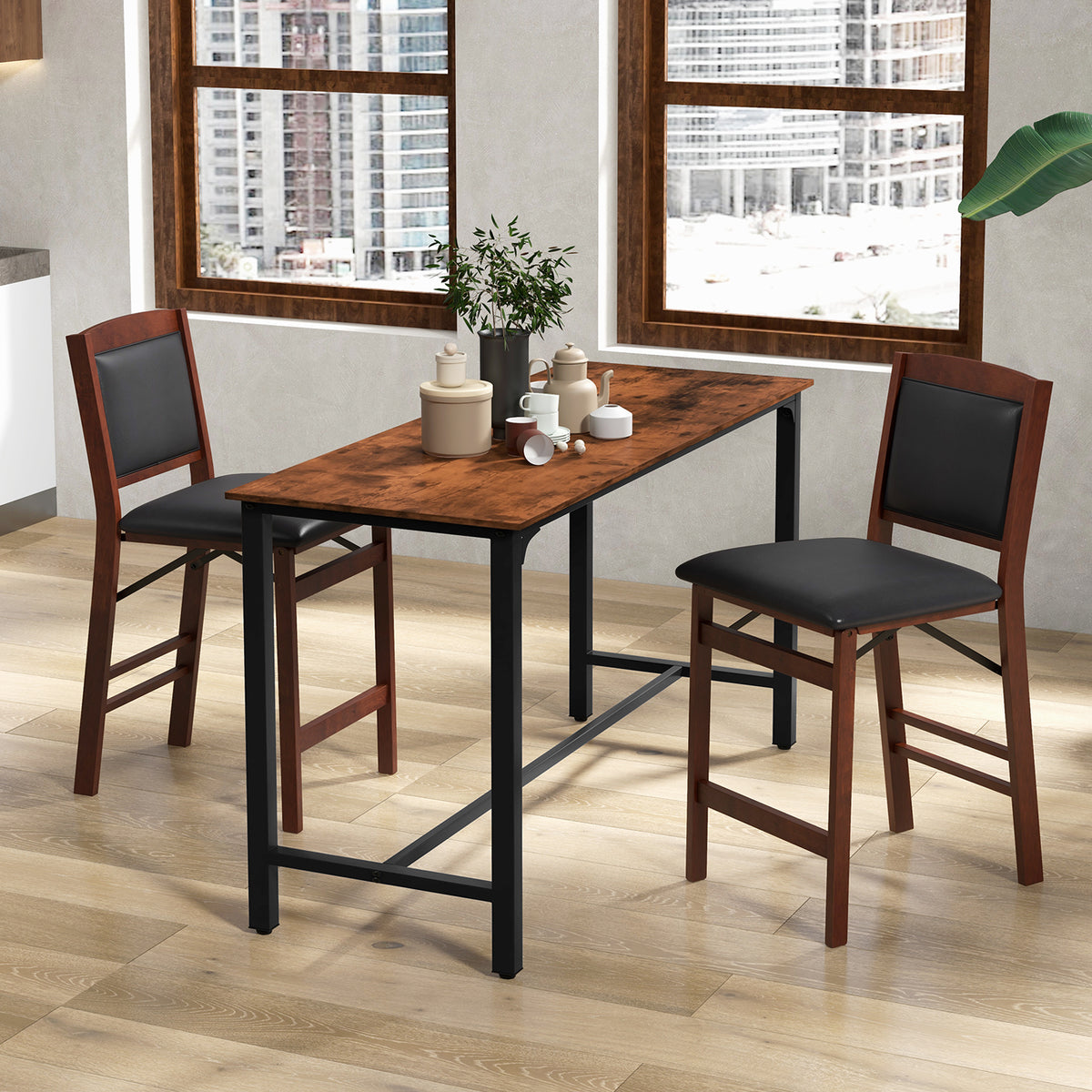 Folding Kitchen Bar Stool with PVC Leather Back, Brown