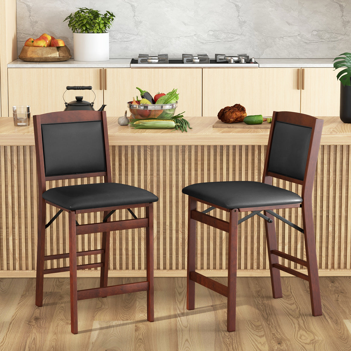 Folding Kitchen Bar Stool with PVC Leather Back, Brown