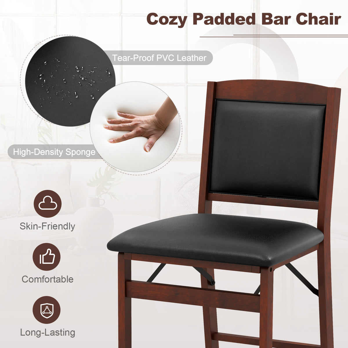 Folding Bar Stools Set of 2 - Brown PVC Leather