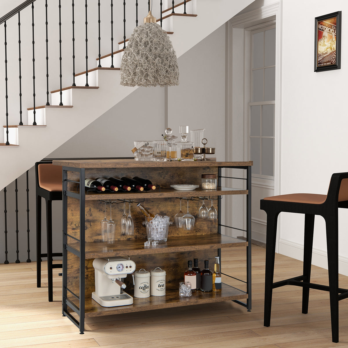 Kitchen Island with 4-Tier Storage Shelf and Footrest - Rustic Brown