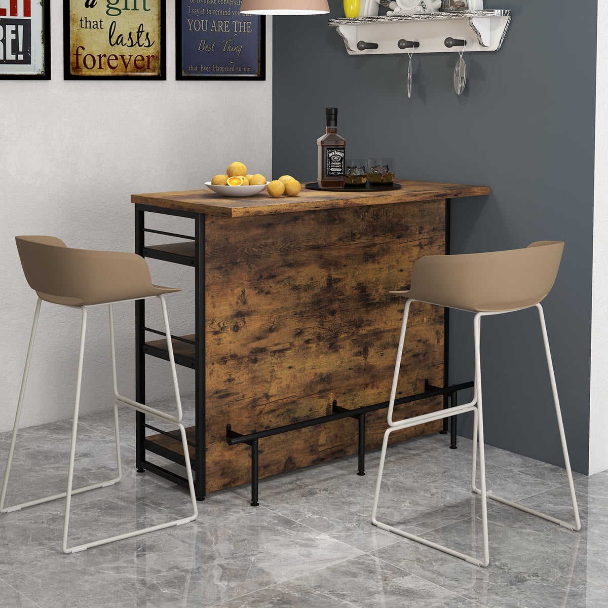 Kitchen Island with 4-Tier Storage Shelf and Footrest - Rustic Brown