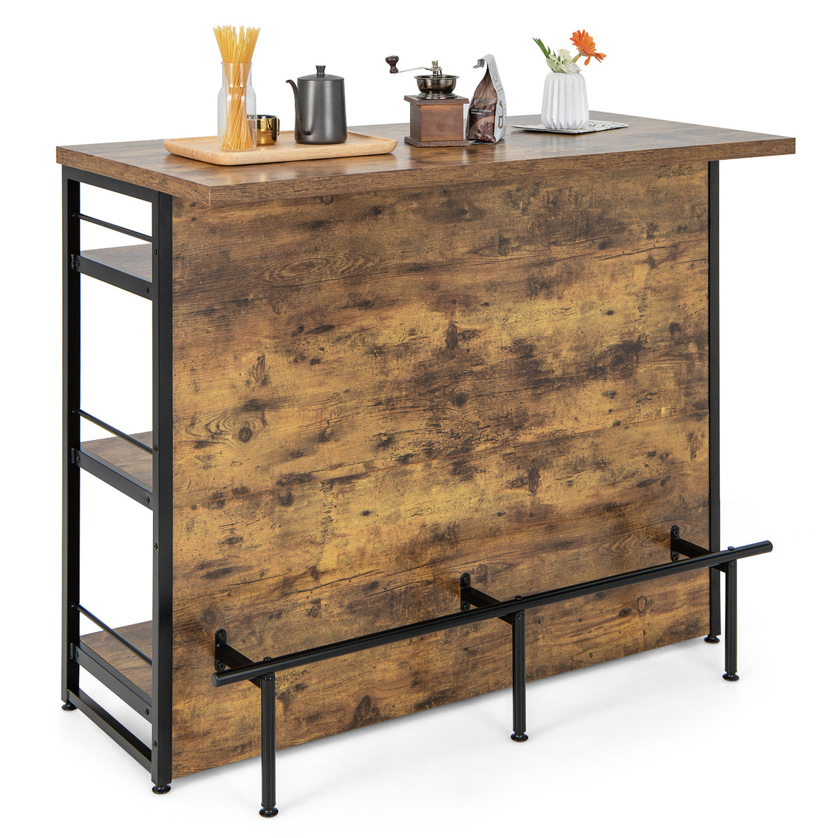 Kitchen Island with 4-Tier Storage Shelf and Footrest - Rustic Brown