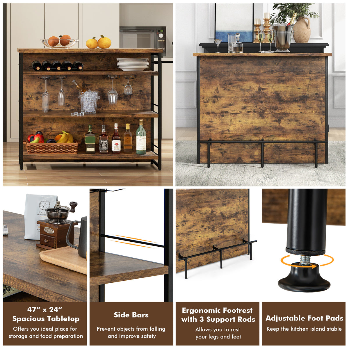 Kitchen Island with 4-Tier Storage Shelf and Footrest - Rustic Brown