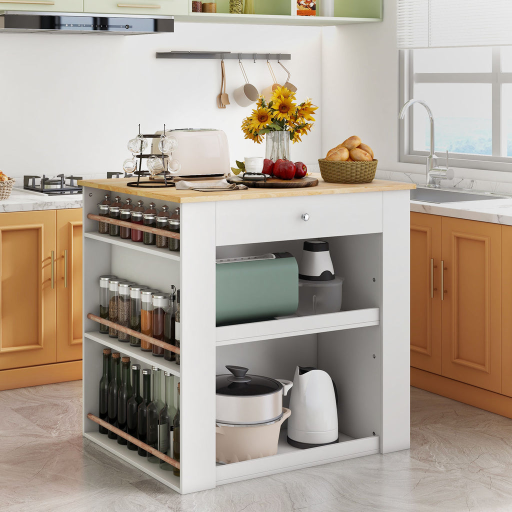 Kitchen Island with Rubber Wood Countertop & Storage, White