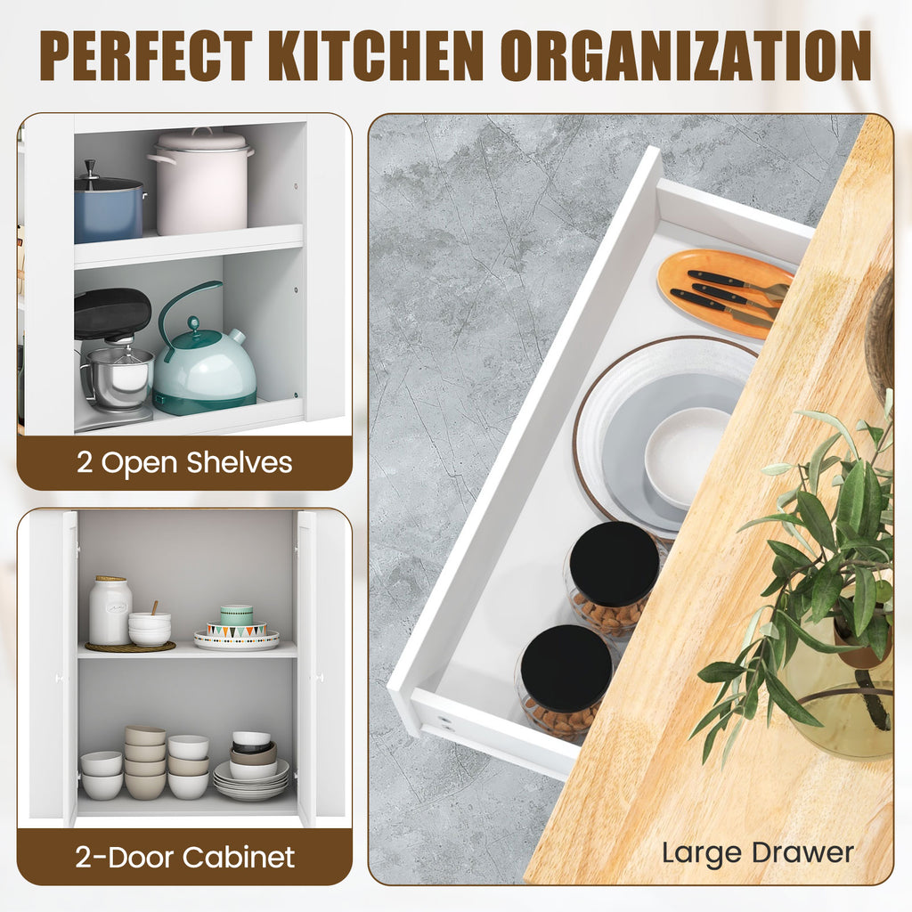 Kitchen Island with Rubber Wood Countertop & Storage, White
