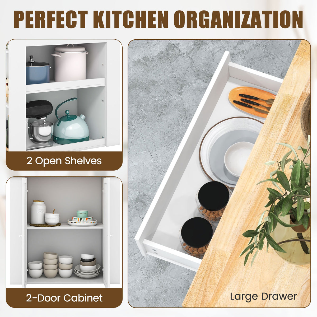 Kitchen Island with Rubber Wood Countertop & Storage, White