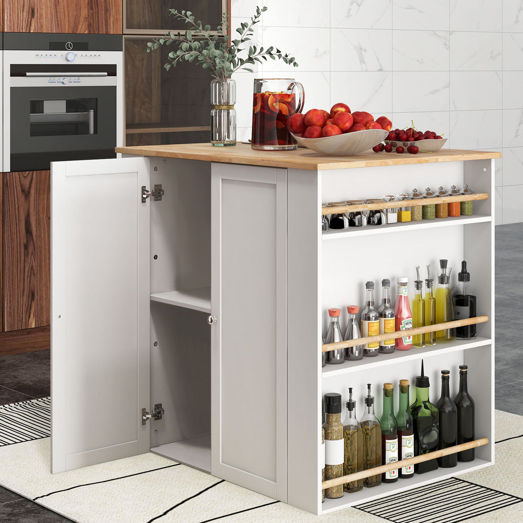 Kitchen Island with Rubber Wood Countertop & Storage, White