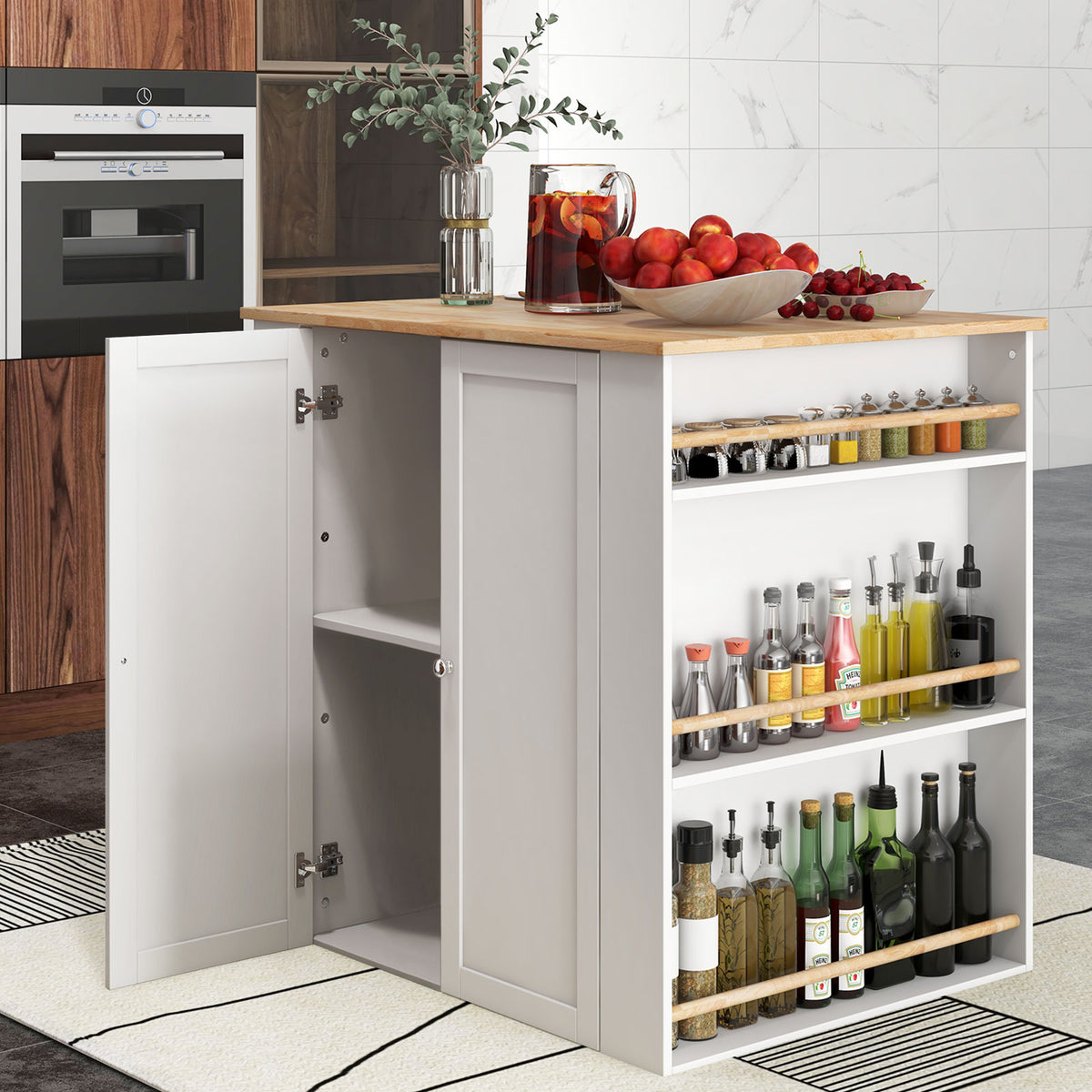 Kitchen Island with Rubber Wood Countertop & Storage, White