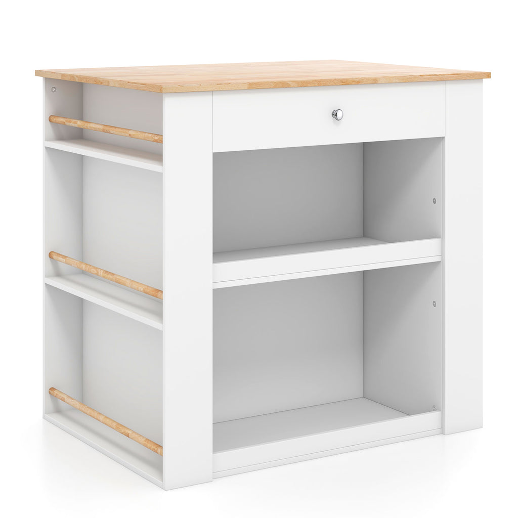 Kitchen Island with Rubber Wood Countertop & Storage, White