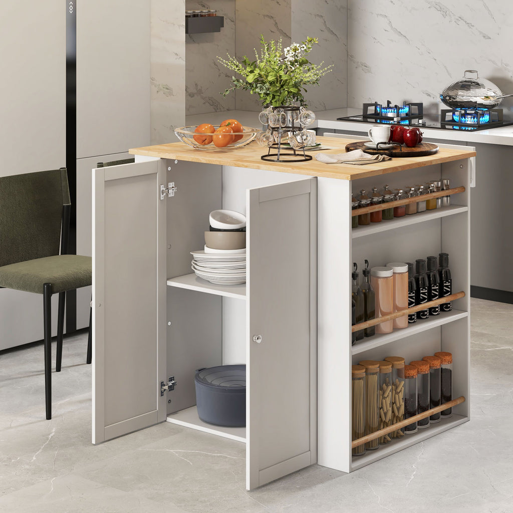 Kitchen Island with Rubber Wood Countertop & Storage, White