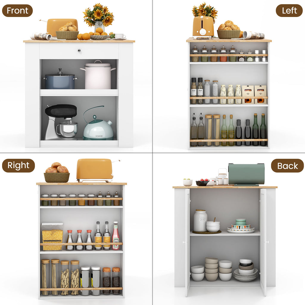 Kitchen Island with Rubber Wood Countertop & Storage, White