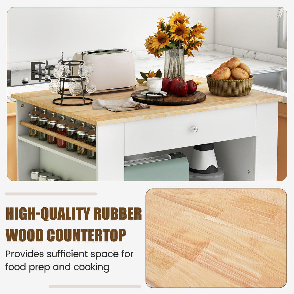 Kitchen Island with Rubber Wood Countertop & Storage, White