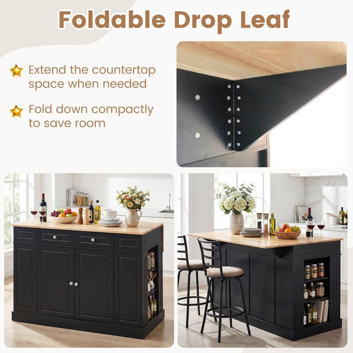 Kitchen Island with Storage and Adjustable Shelves - Drop Leaf Countertop, Black