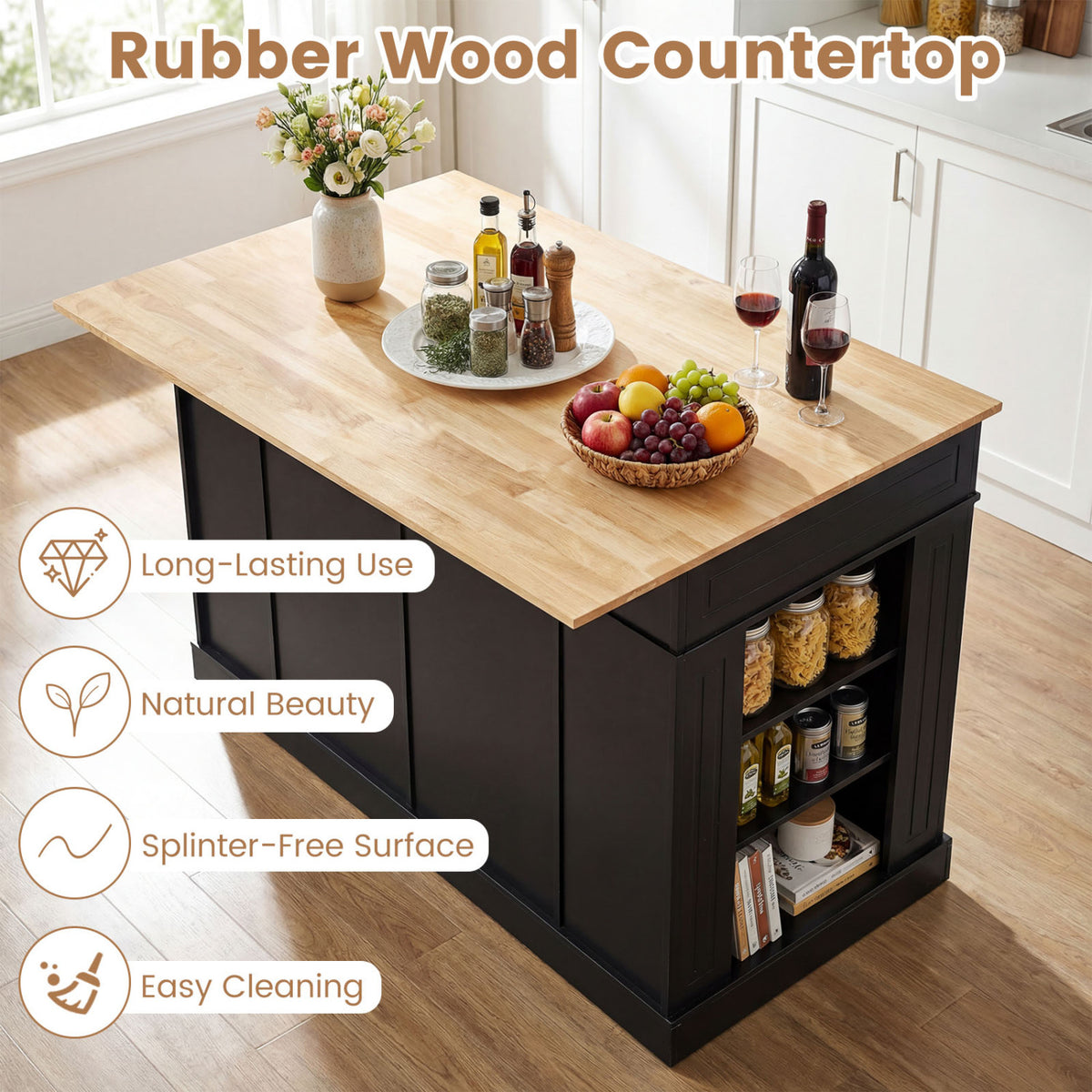 Kitchen Island with Storage and Adjustable Shelves - Drop Leaf Countertop, Black