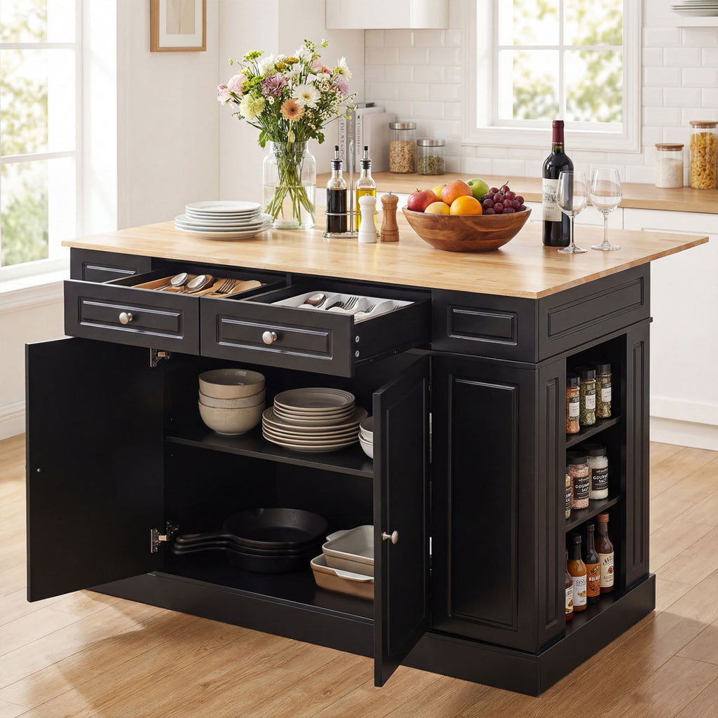 Kitchen Island with Drop Leaf Countertop, Black – Storage & Shelves