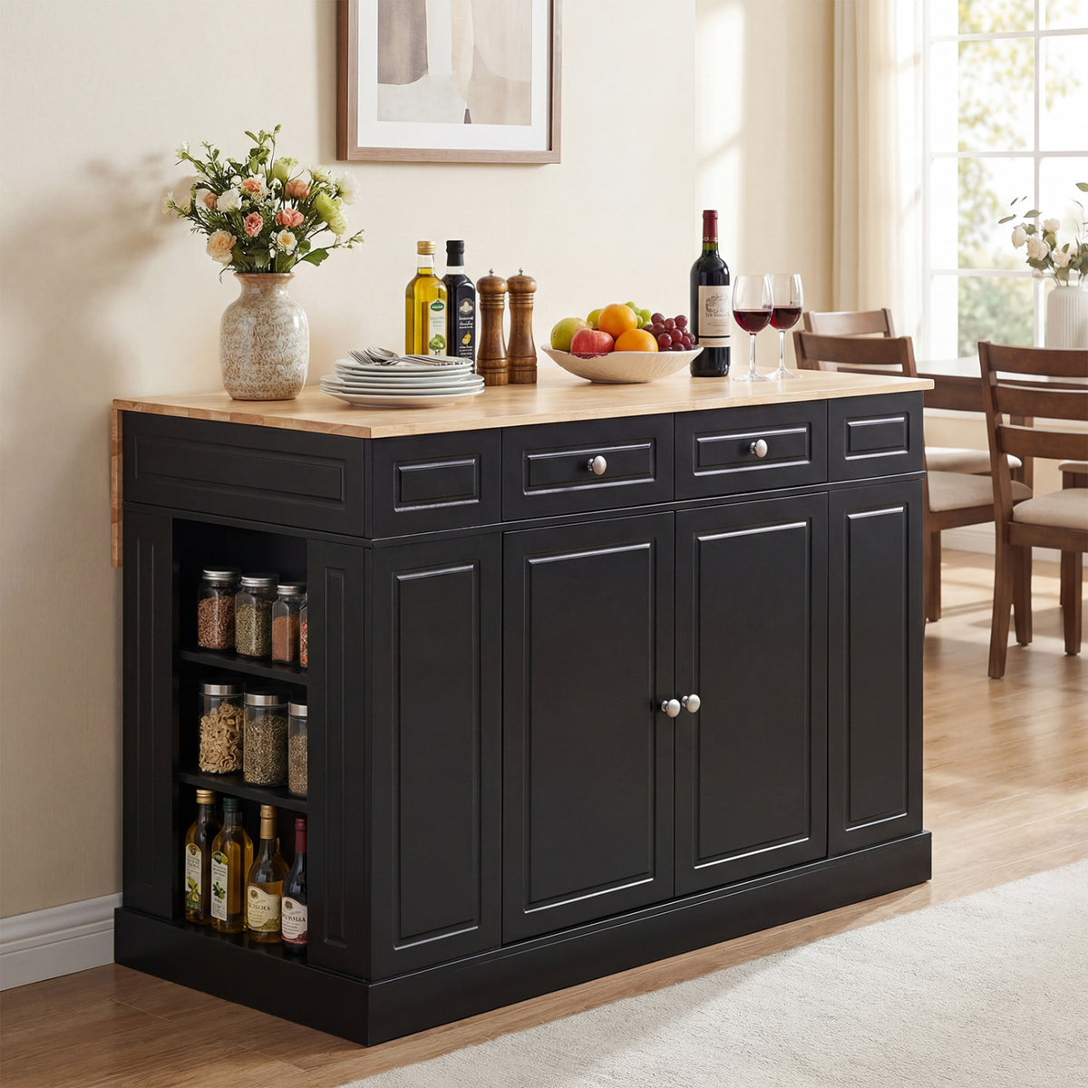 Kitchen Island with Drop Leaf Countertop, Black – Storage & Shelves