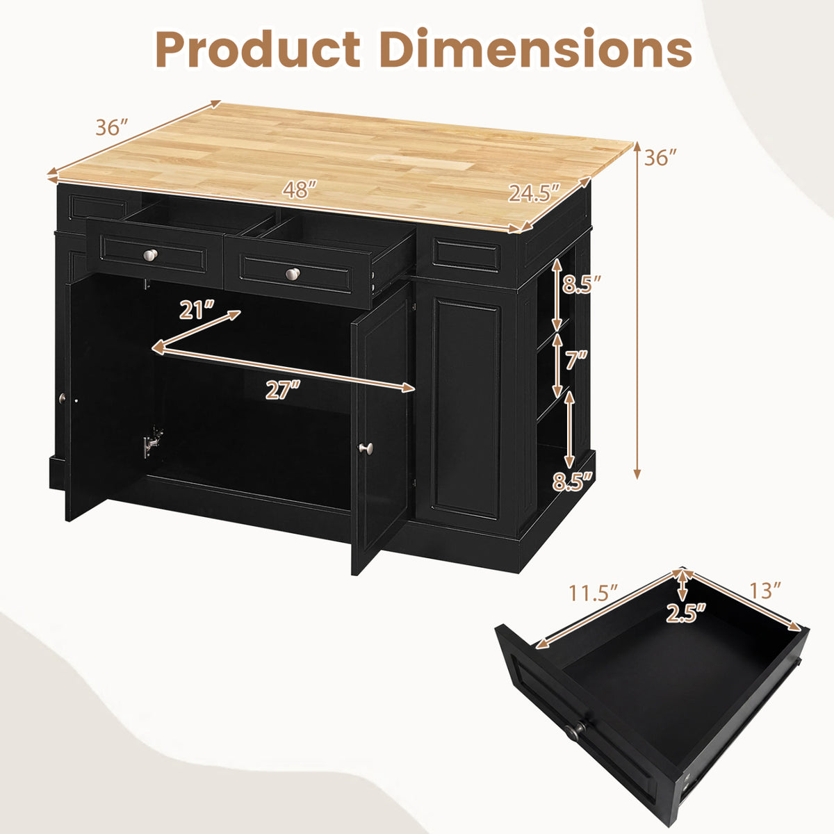 Kitchen Island with Storage and Adjustable Shelves - Drop Leaf Countertop, Black