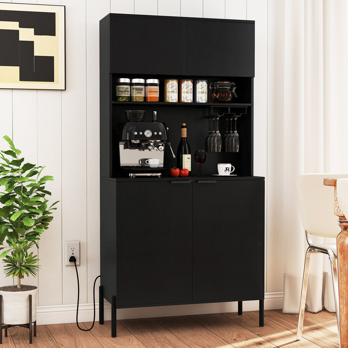 64.5" Kitchen Pantry Cabinet with Wine Glass Rack - White