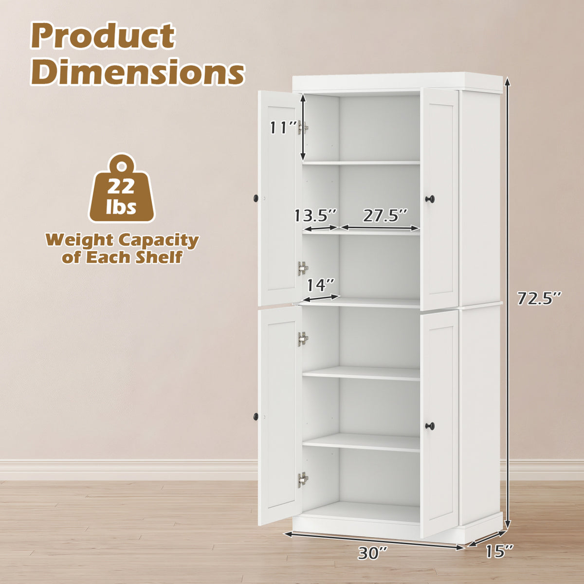 Kitchen Pantry Cabinet with Adjustable Shelves, White