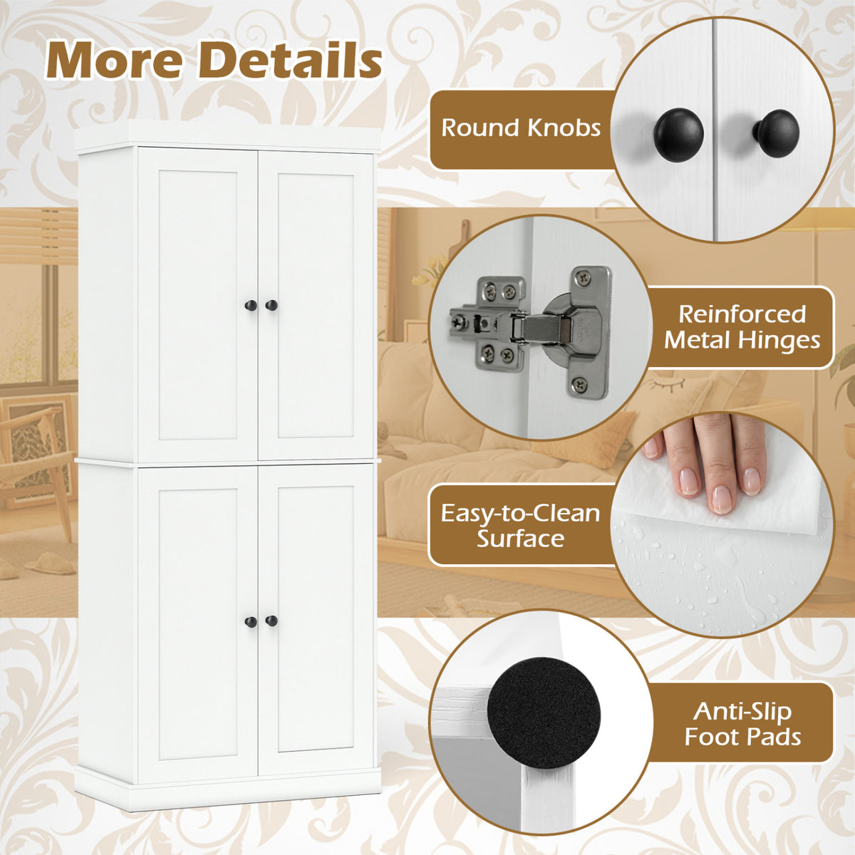 Kitchen Pantry Cabinet with Adjustable Shelves, White