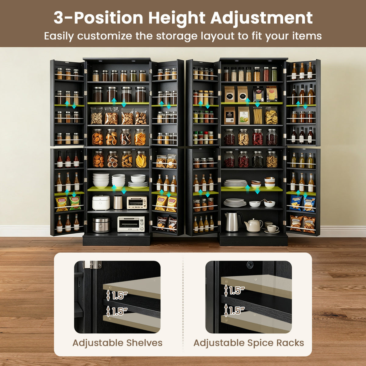 65.5 Inch Pantry Cabinet with 16 Door Shelves - Black