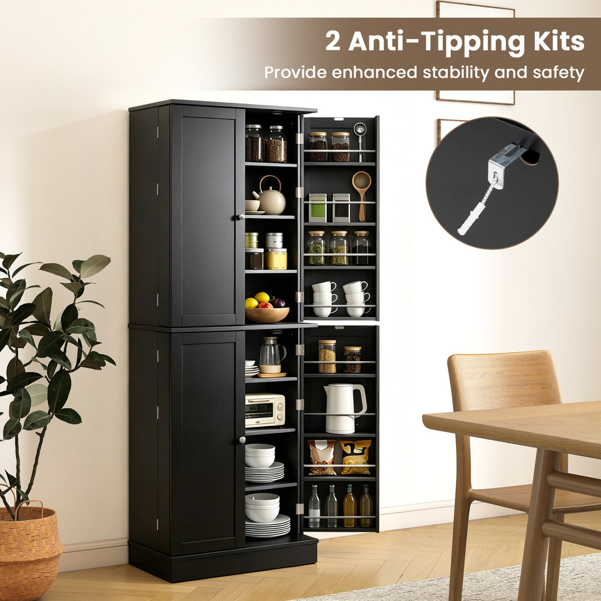 65.5 Inch Pantry Cabinet with 16 Door Shelves - Black