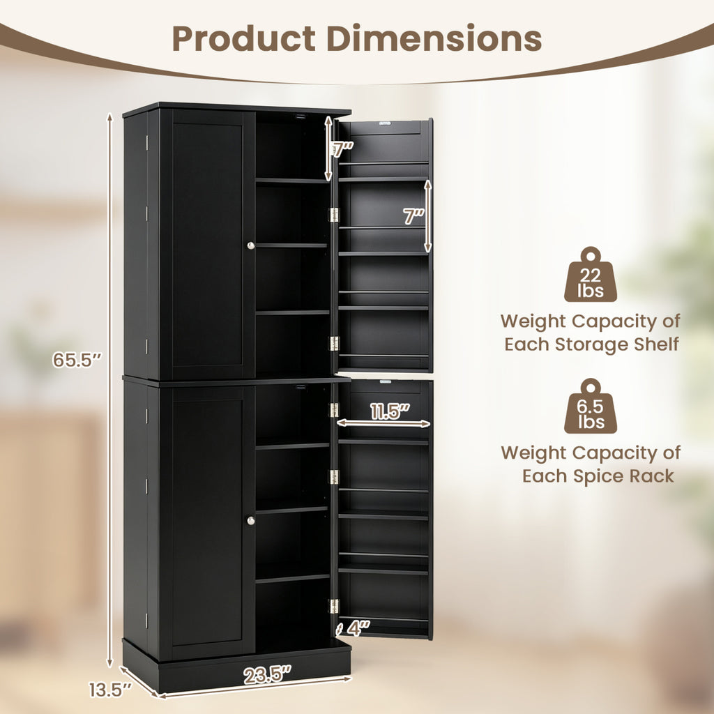 65.5 Inch Pantry Cabinet with 16 Door Shelves - Black