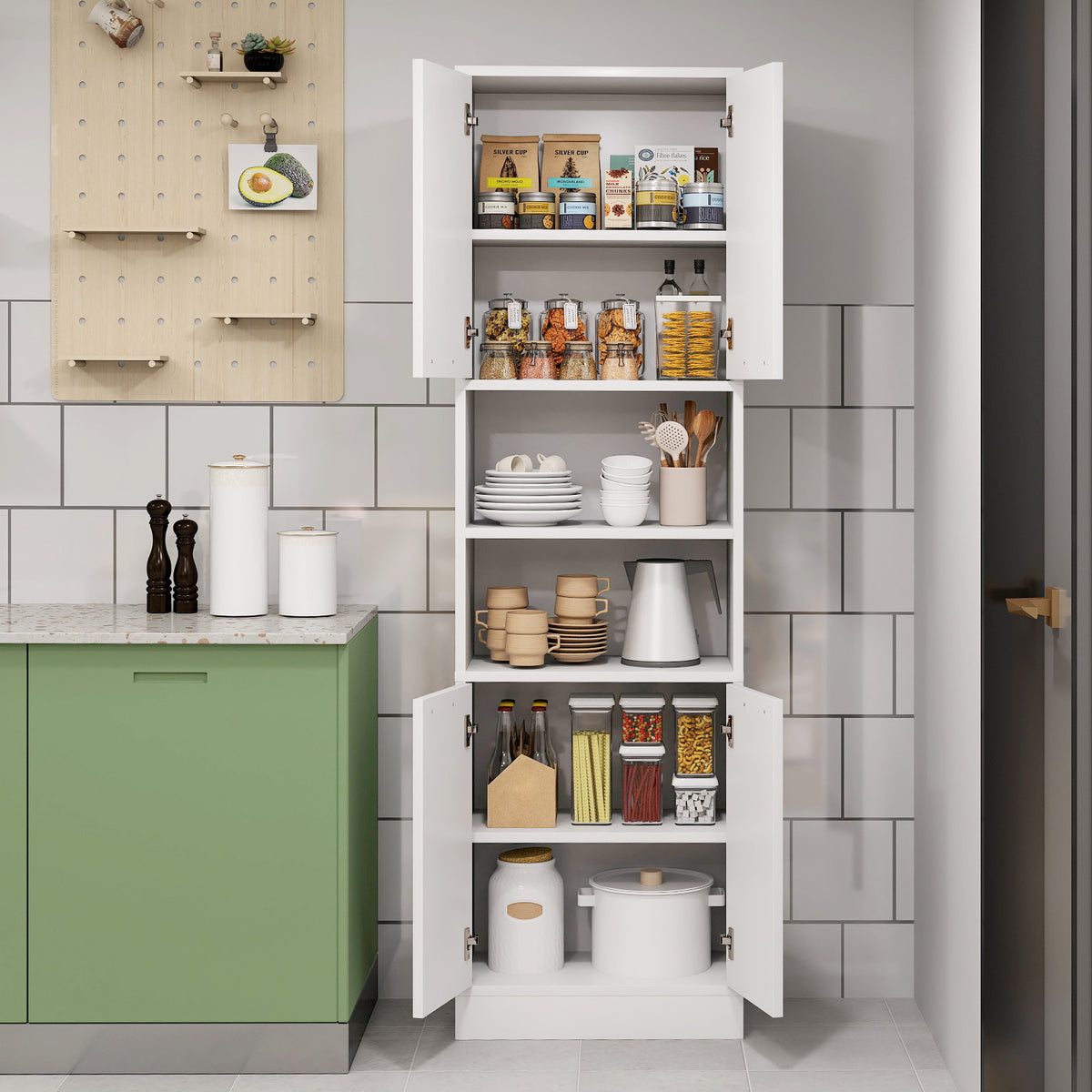 75 Inch Tall Kitchen Pantry Cabinet with Doors and Shelves - White