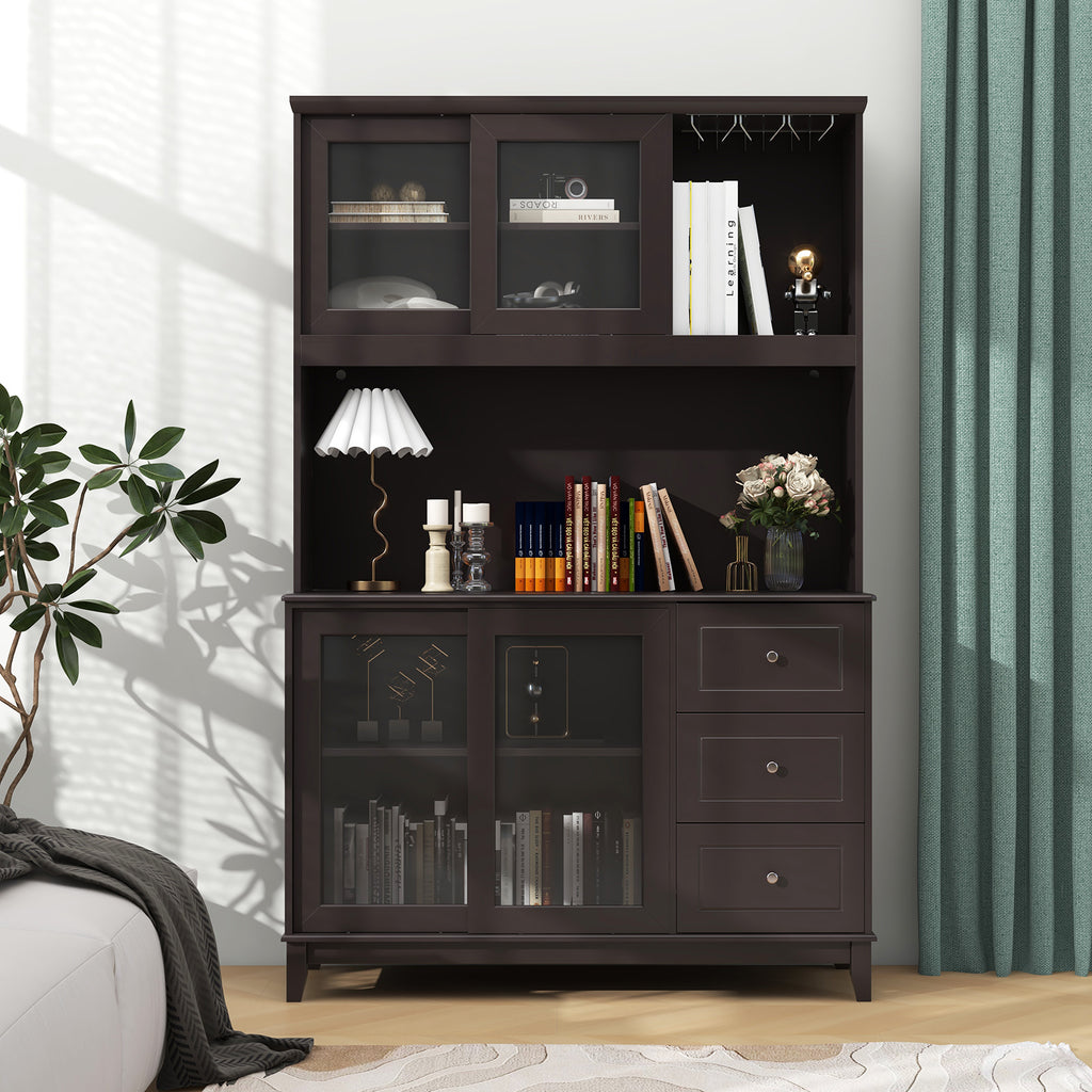 Kitchen Pantry Storage Cabinet Hutch with LED Lights – Dark Brown