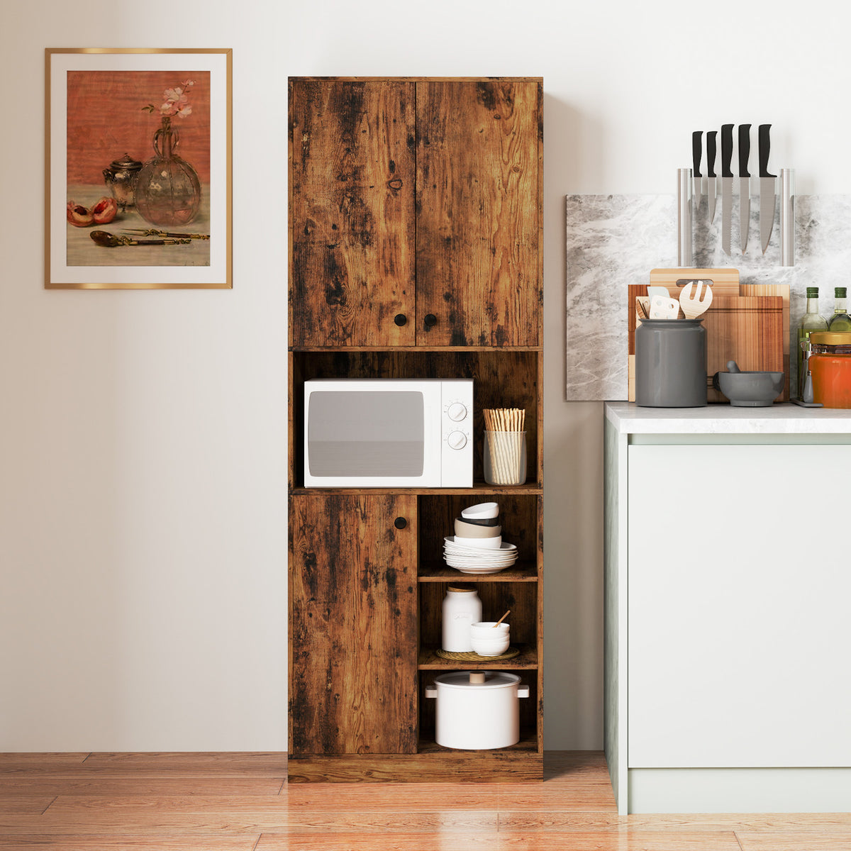 Kitchen Pantry Storage Cabinet with Microwave Stand – 65.5 Inch, Rustic Brown