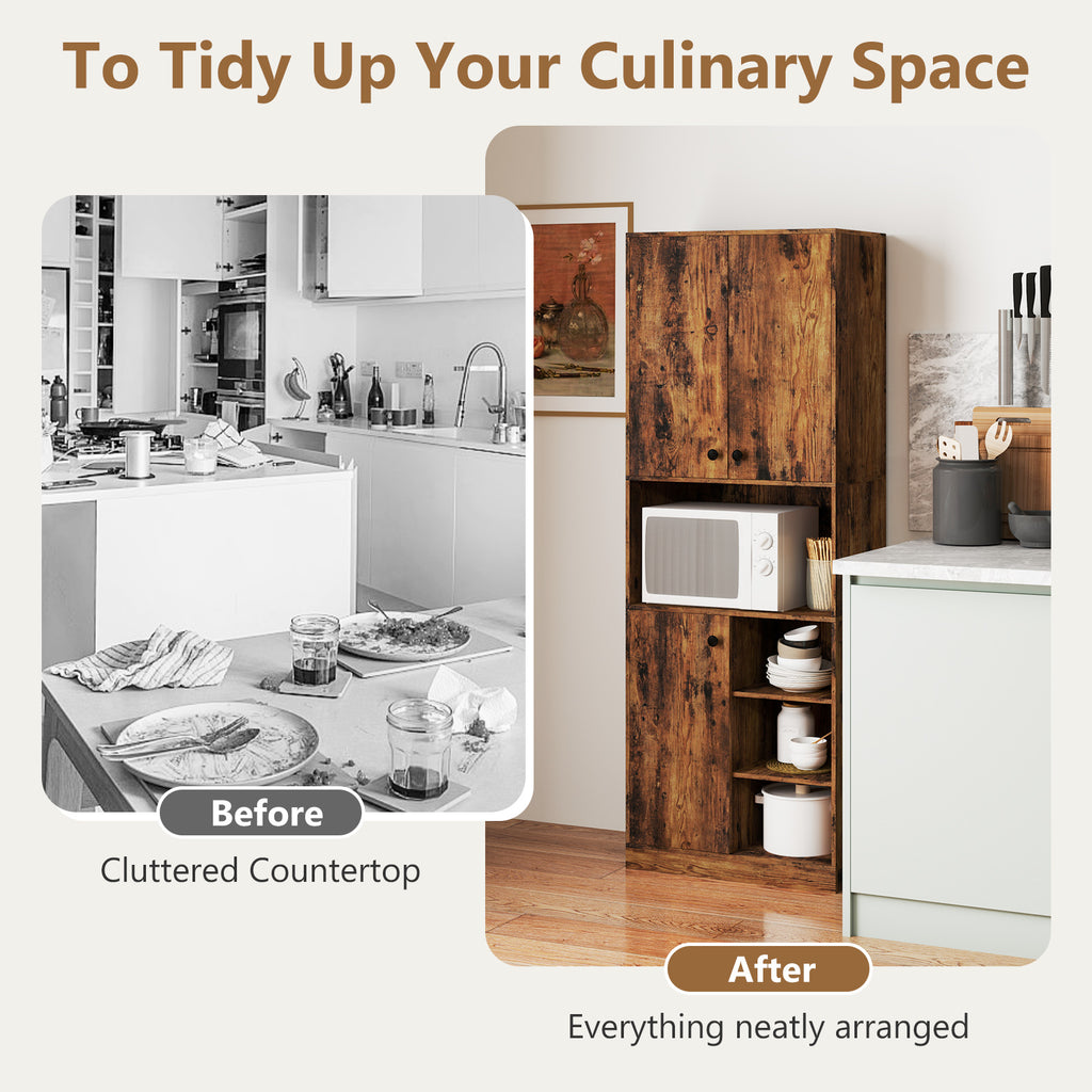 Kitchen Pantry Storage Cabinet with Microwave Stand – 65.5 Inch, Rustic Brown