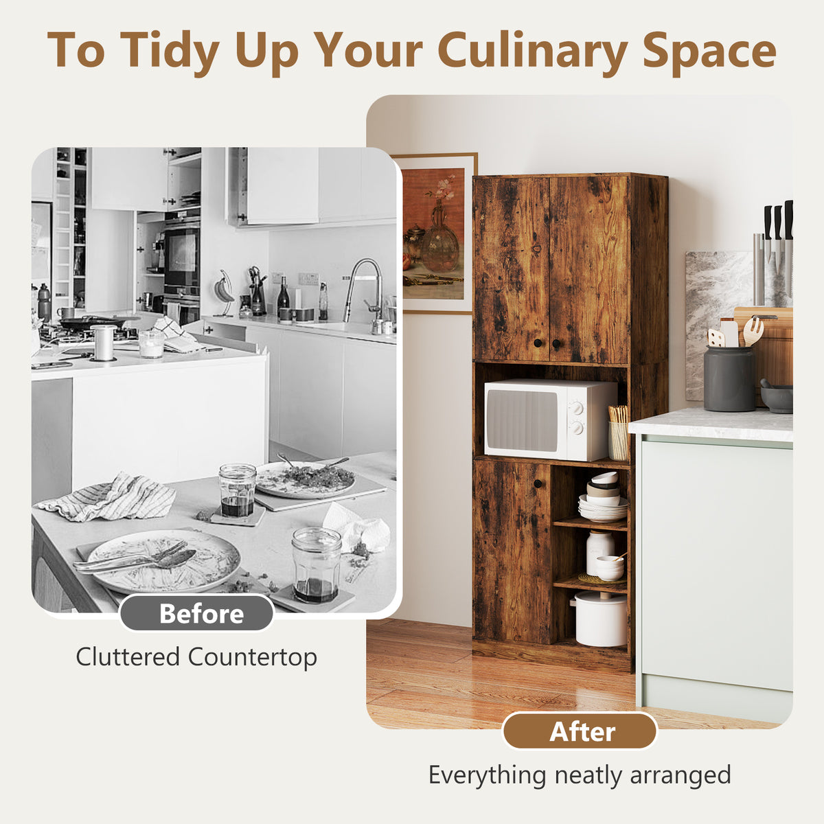Kitchen Pantry Storage Cabinet with Microwave Stand – 65.5 Inch, Rustic Brown