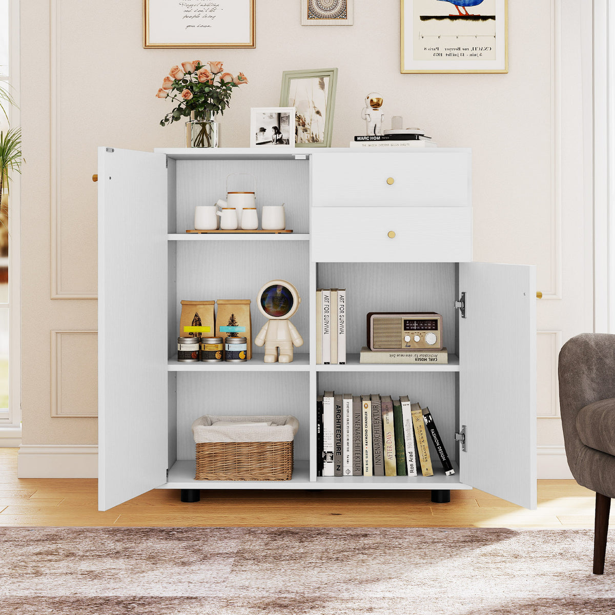 Kitchen Sideboard Buffet Cabinet with Drawers & Shelves - White