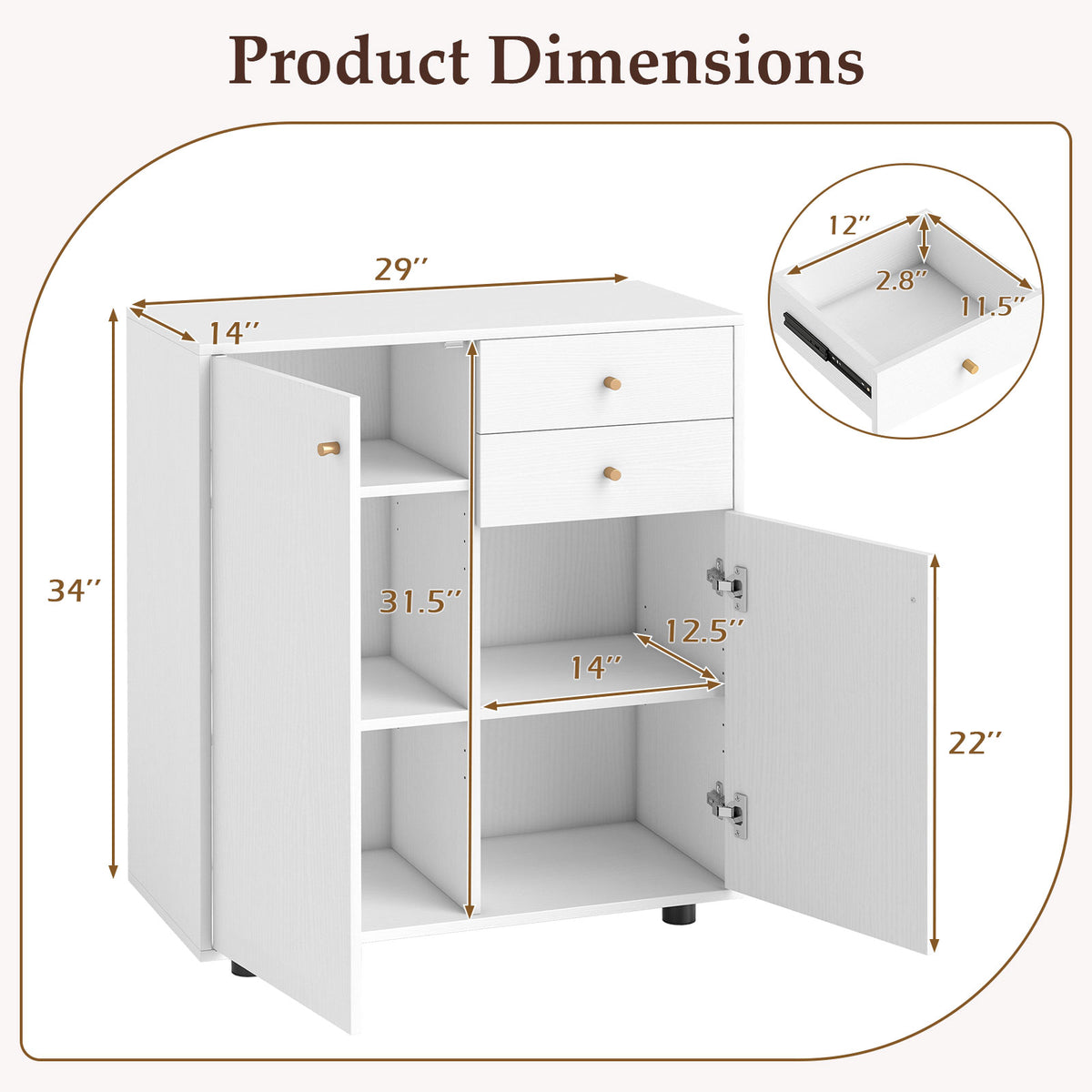 Kitchen Sideboard Buffet Cabinet with Drawers & Shelves - White
