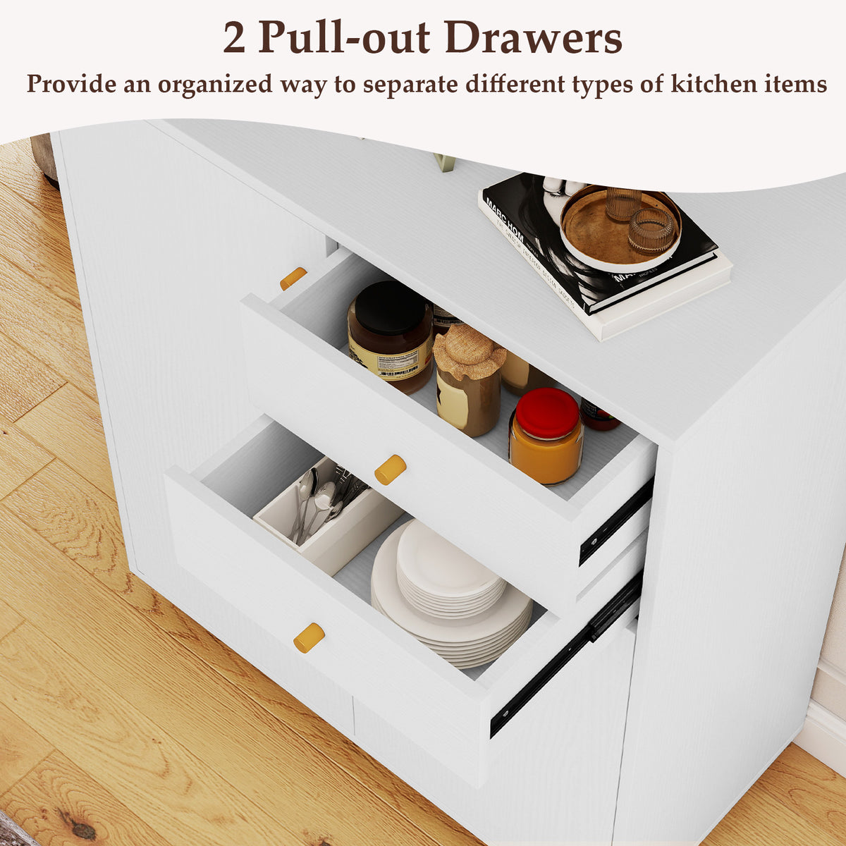 Kitchen Sideboard Buffet Cabinet with Drawers & Shelves - White
