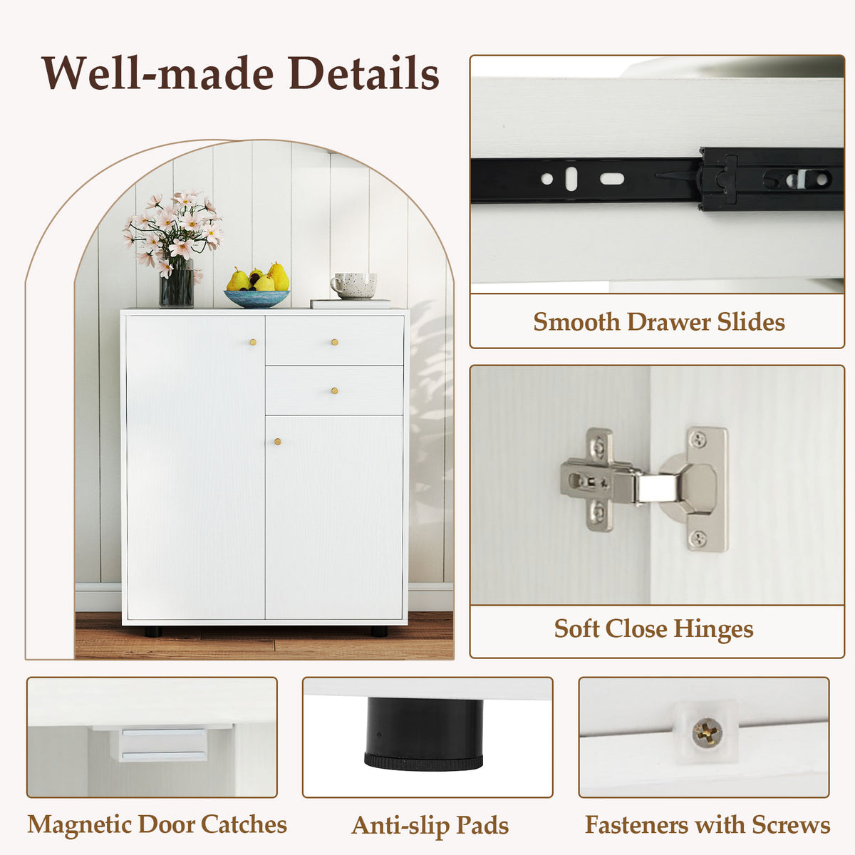 Kitchen Sideboard Buffet Cabinet with Drawers & Shelves - White