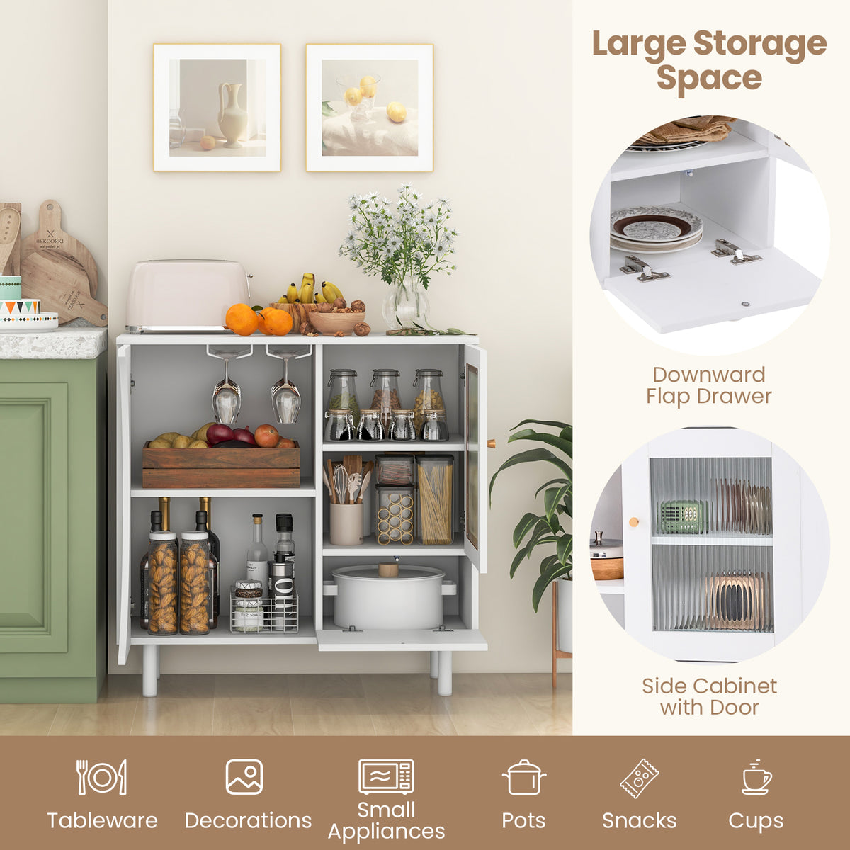 Kitchen Sideboard with Wine Glass Holder - White