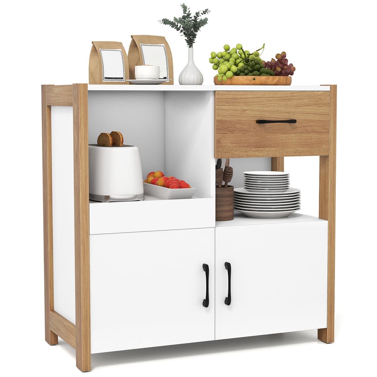 Kitchen Storage Cabinet with Drawer Pull-Out Shelf, 2 Doors - White