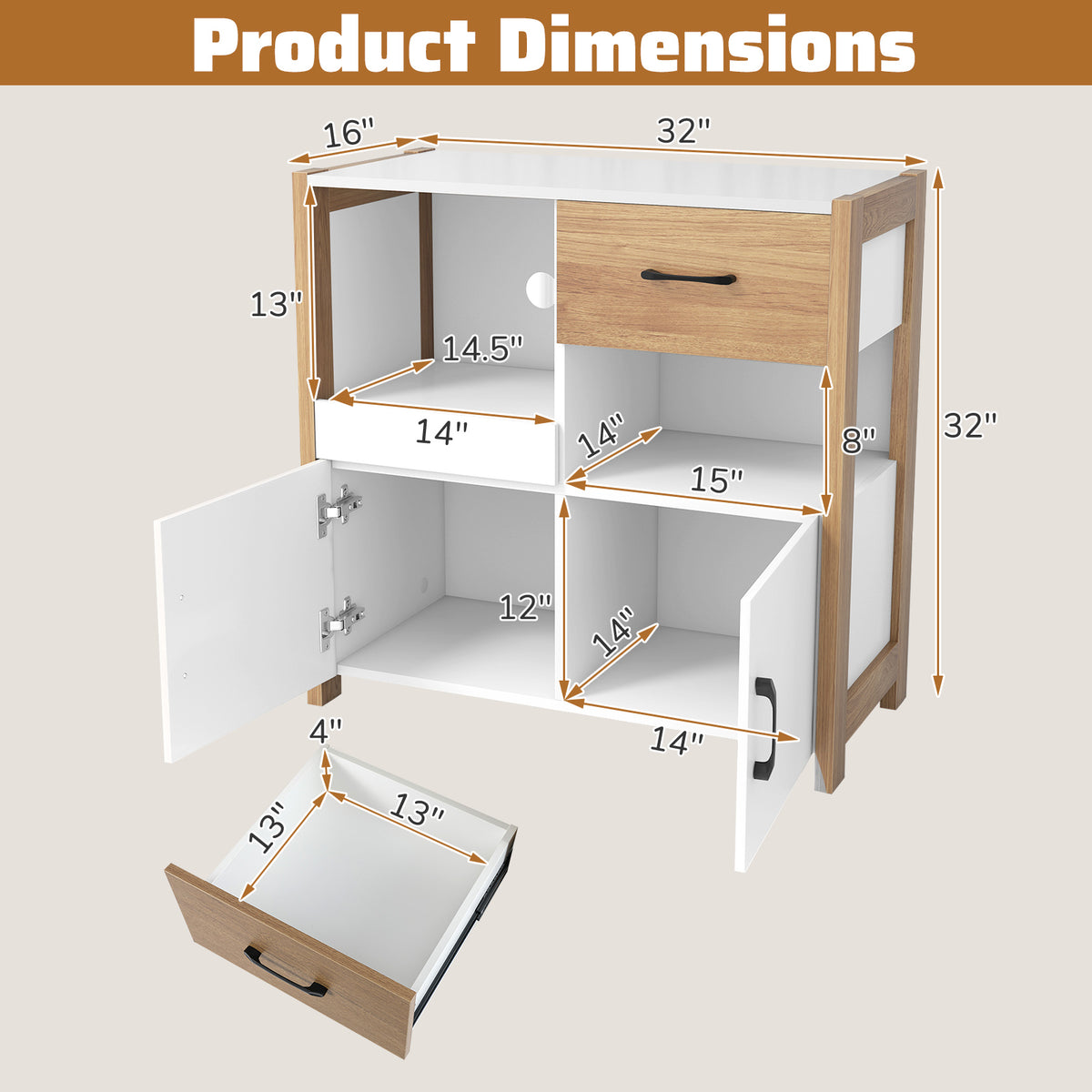 Kitchen Storage Cabinet with Drawer Pull-Out Shelf, 2 Doors - White