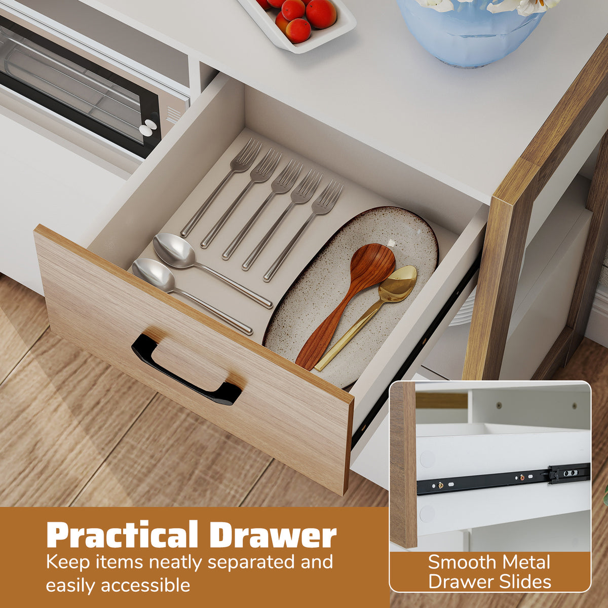 Kitchen Storage Cabinet with Drawer Pull-Out Shelf, 2 Doors - White