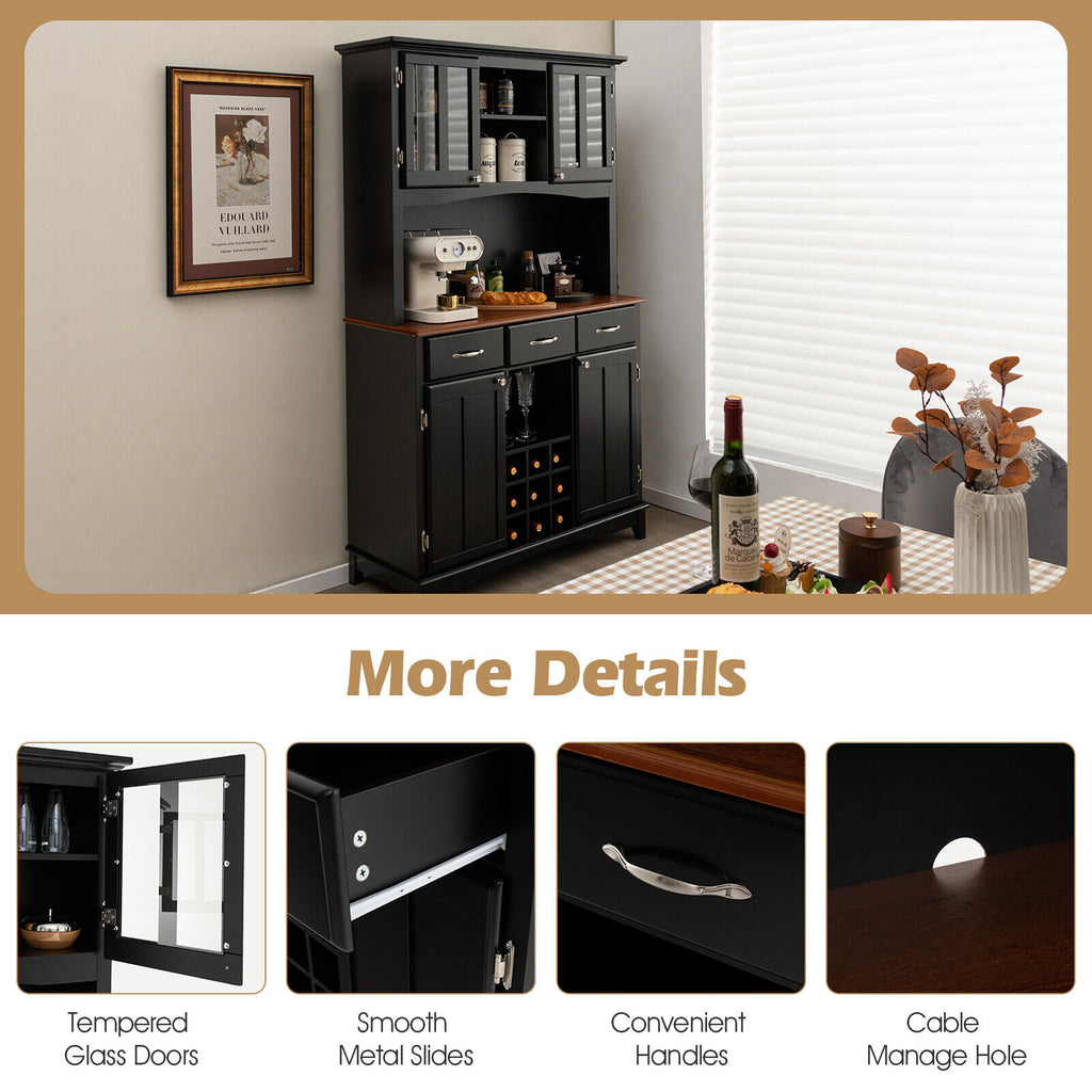 Kitchen Storage Hutch with Wine Rack & Drawers - Black