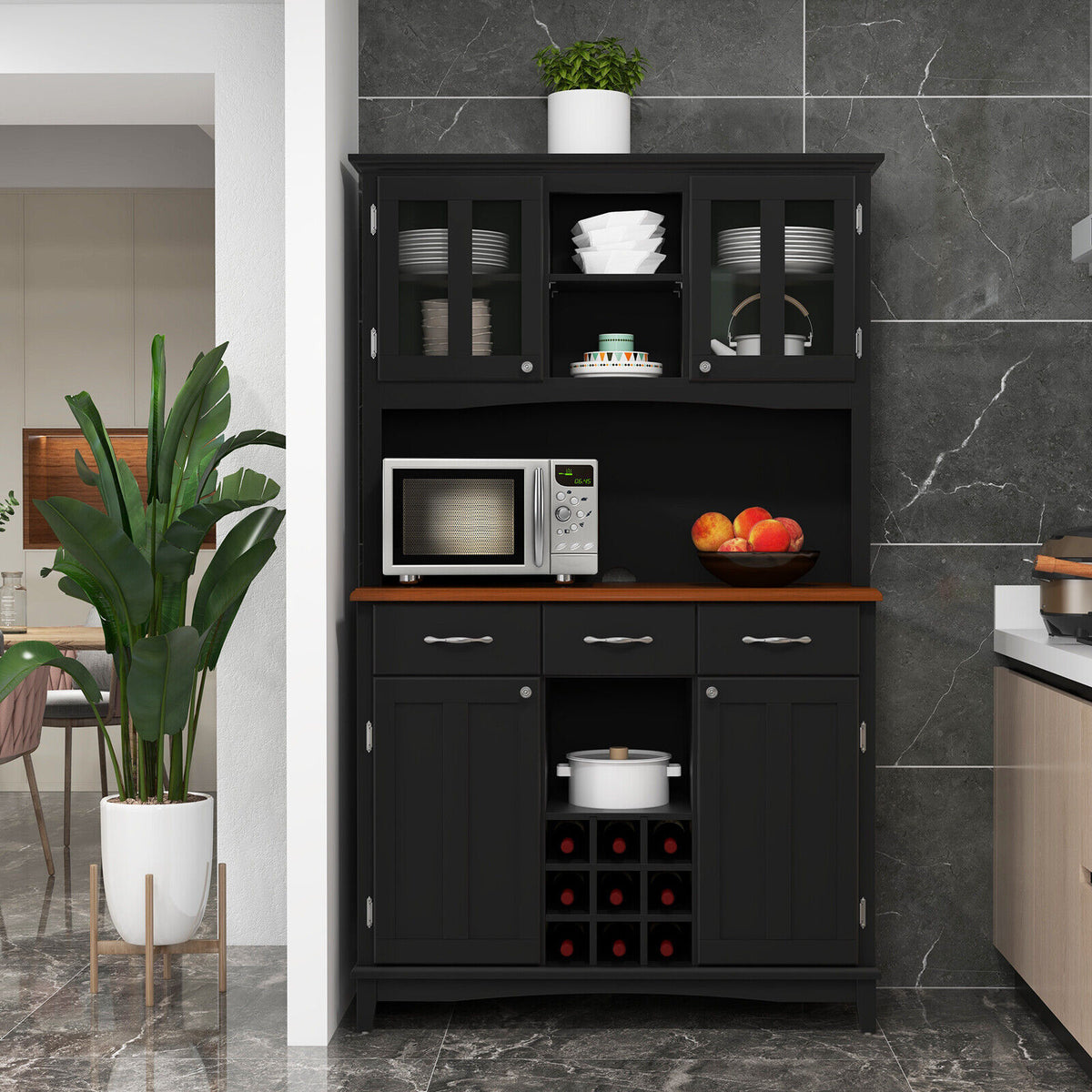 Kitchen Storage Hutch with Wine Rack & Drawers - Black