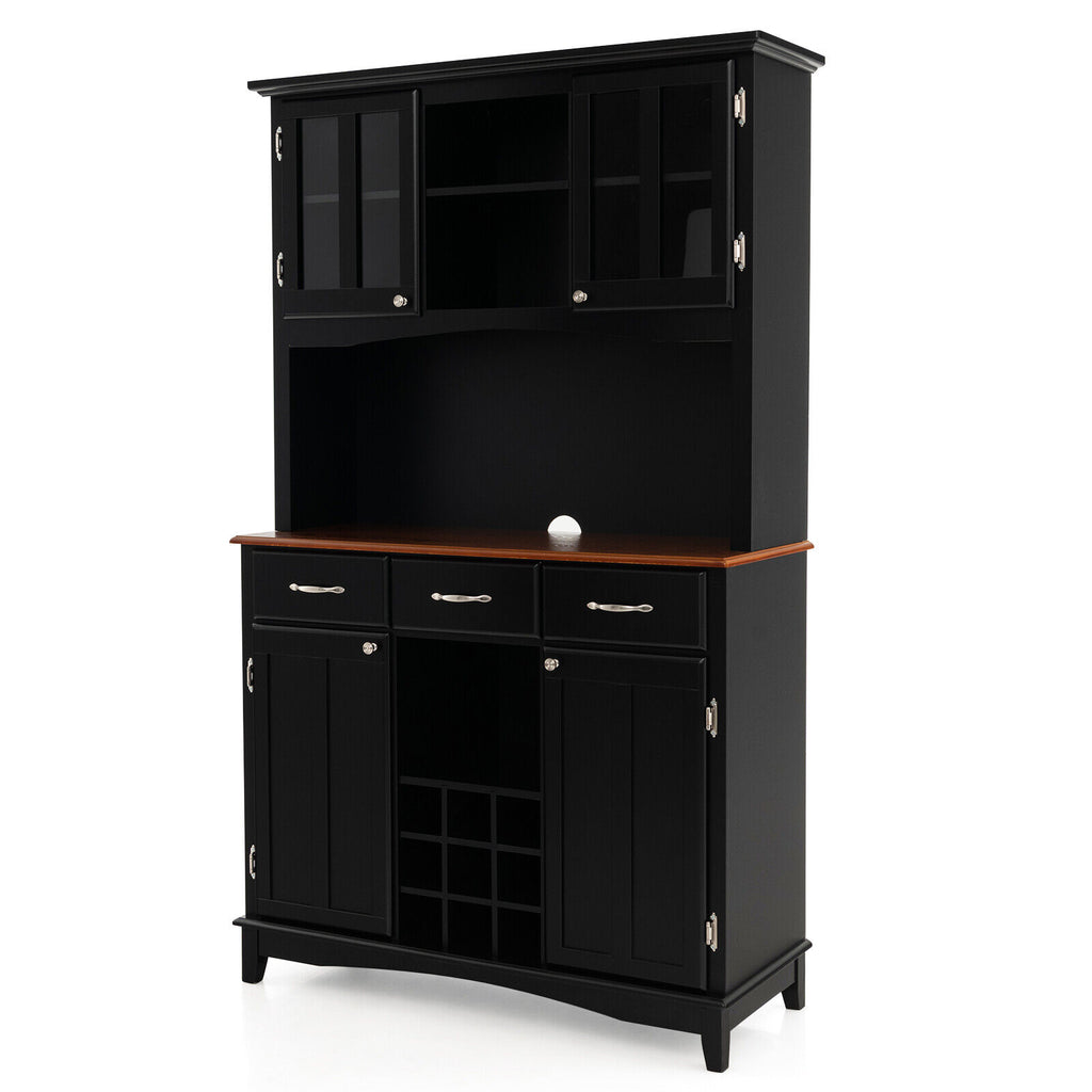 Kitchen Storage Hutch with Wine Rack & Drawers - Black