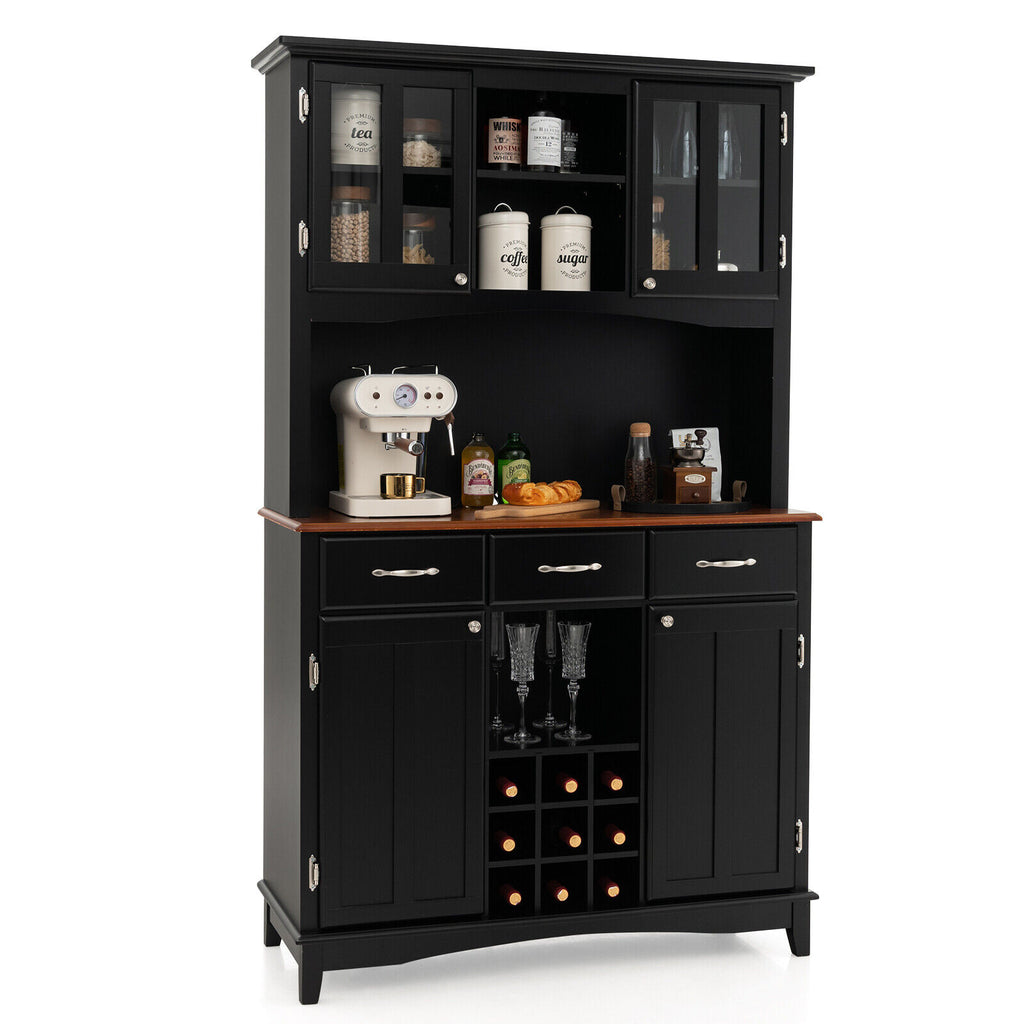 Kitchen Storage Hutch with Wine Rack & Drawers - Black